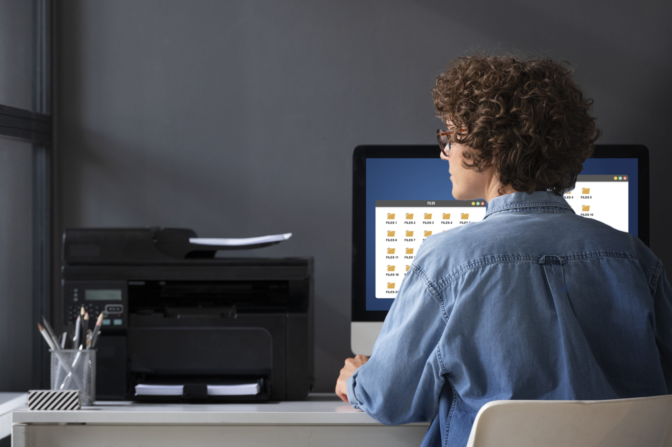 Back view of woman working at desk with laptop and printer