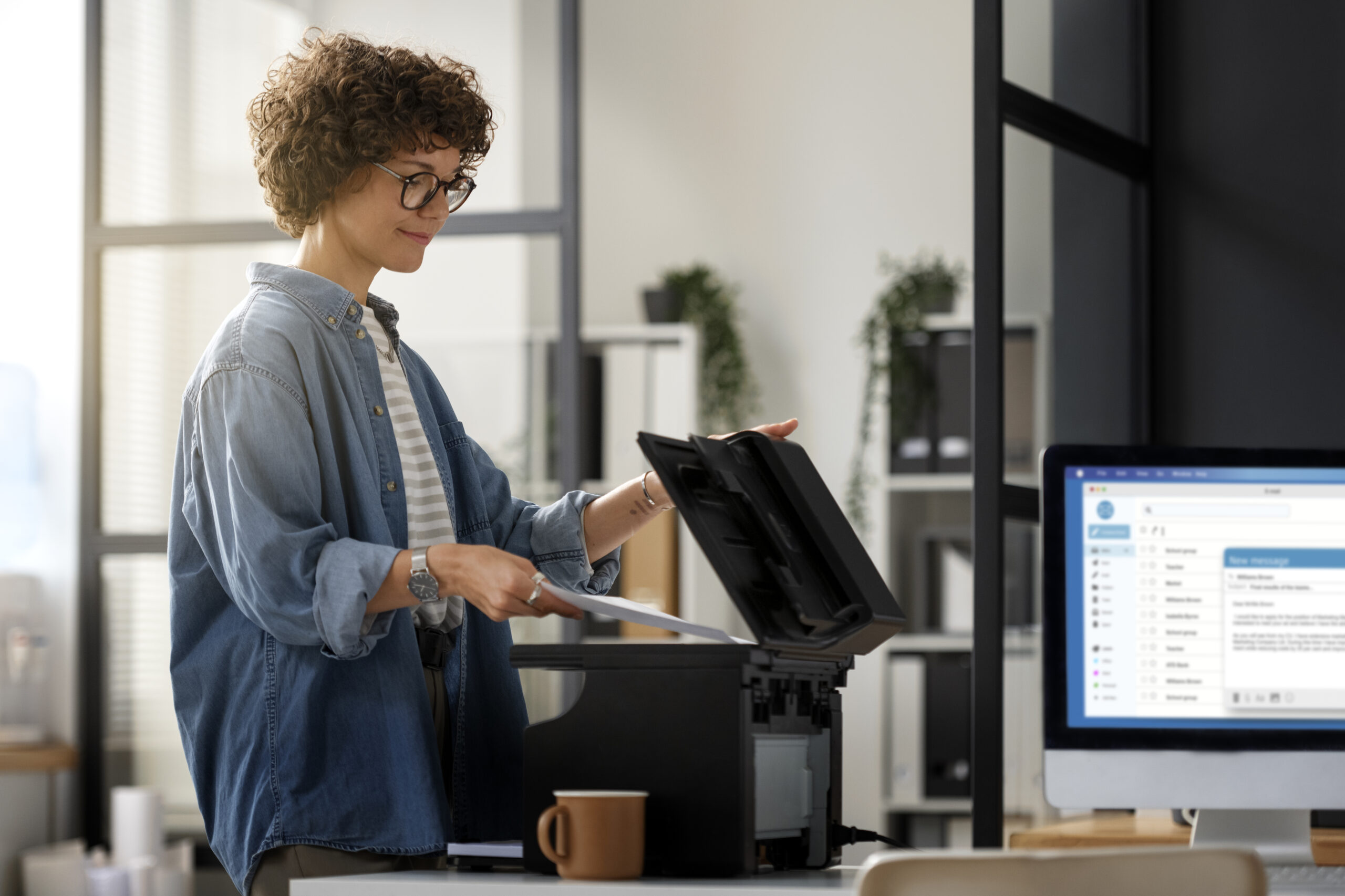 User inspecting a sheet with smudges near a home printer
